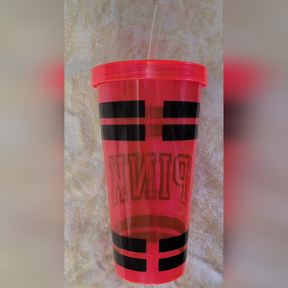 Victoria's Secret PINK Neon Pink Plastic Tumbler w/Black Font with Straw. 24oz. - Picture 4 of 9